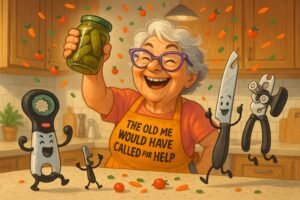 Happy senior grandmother celebrating with pickle jar and animated arthritis friendly kitchen tools cheering in warm kitchen