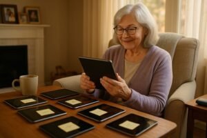 Smiling 70-year-old woman with silver hair and glasses confidently holding a tablet while sitting in armchair, with 6 different tablets with sticky note labels arranged on wooden coffee table beside her, warm natural lighting