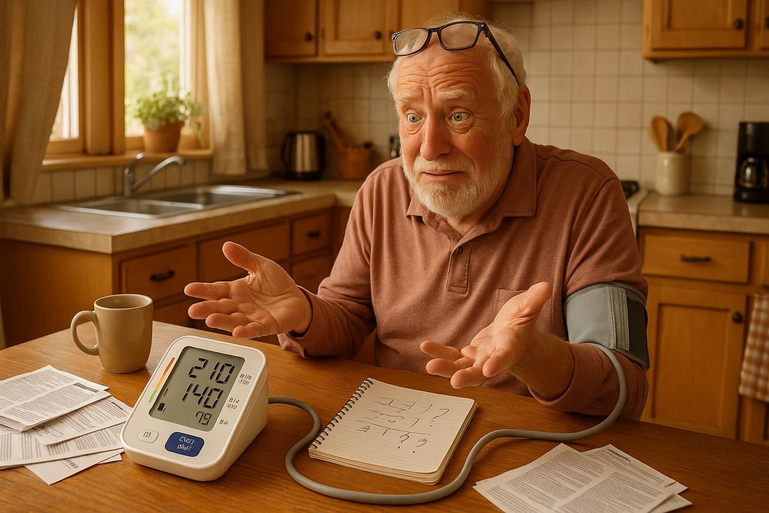 Senior man looking bewildered at blood pressure monitor showing incorrect reading 210/140 with scattered instruction manuals