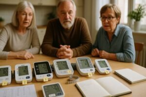Real seniors aged 65-75 comparing blood pressure monitors for accuracy testing with handwritten notes and measuring tape