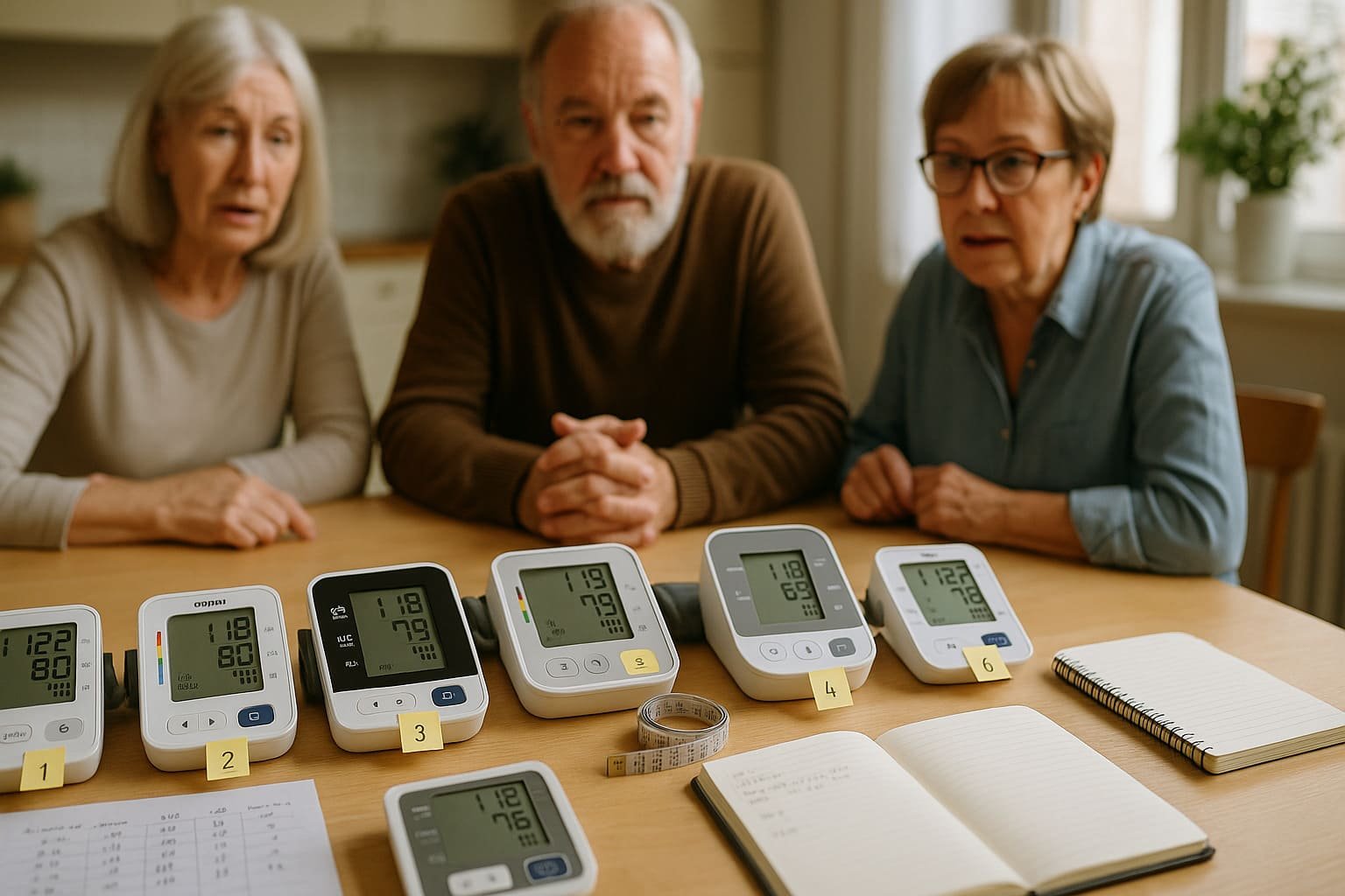 Real seniors aged 65-75 comparing blood pressure monitors for accuracy testing with handwritten notes and measuring tape
