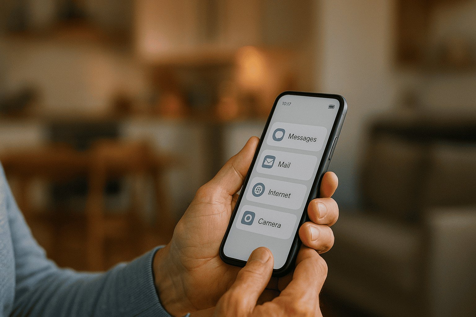 Confident mature hands holding smartphone with large, clear icons showing Messages, Mail, Internet, and Camera apps in warm home setting