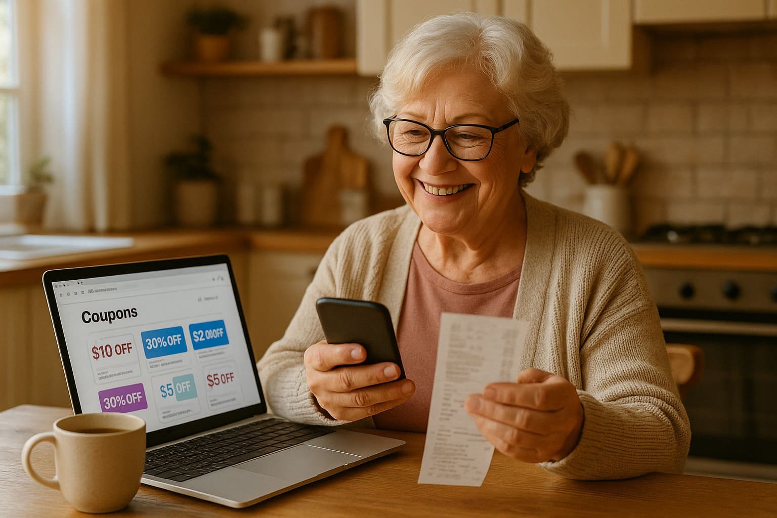 Smiling senior woman using smartphone and laptop with digital coupons visible on screen, holding grocery receipt at kitchen table