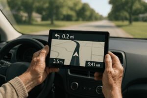 Senior hands holding GPS device with large screen while driving on a quiet road in daylight