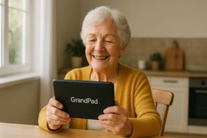 Senior woman holding a GrandPad tablet with the back of the device visible, sitting at a kitchen table, natural sunlight, horizontal 16:9 format.