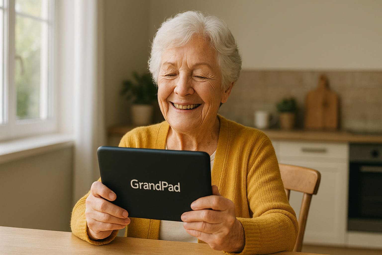 Senior woman holding a GrandPad tablet with the back of the device visible, sitting at a kitchen table, natural sunlight, horizontal 16:9 format.