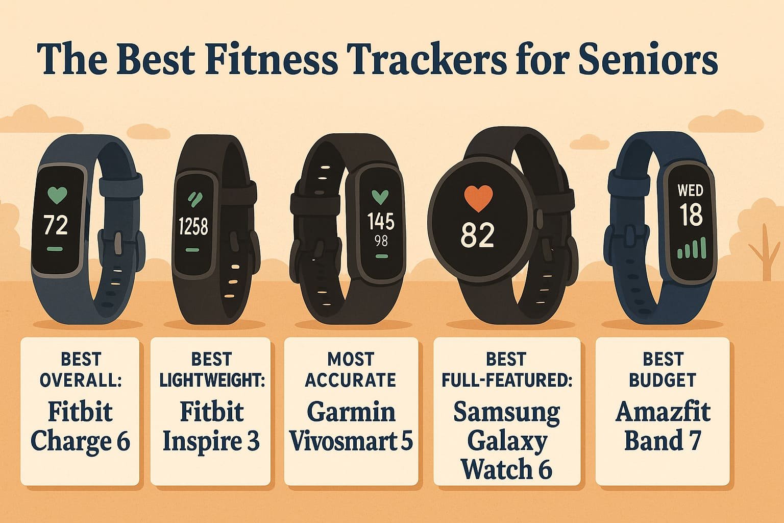 illustrated-fitness-trackers-seniors Cartoon illustration showing various fitness trackers for seniors with icons highlighting features.