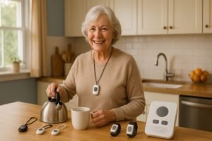 Confident senior woman wearing medical alert pendant while comparing different emergency alert devices on kitchen counter medical alert system senior safety emergency alert device independent living senior technology home safety medical alarm fall detection senior empowerment aging in place