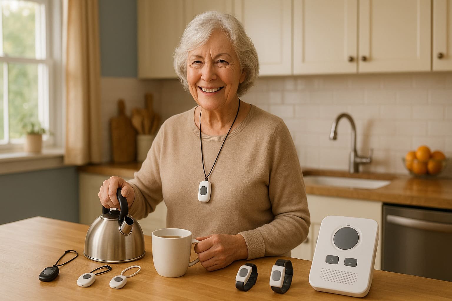 Confident senior woman wearing medical alert pendant while comparing different emergency alert devices on kitchen counter medical alert system senior safety emergency alert device independent living senior technology home safety medical alarm fall detection senior empowerment aging in place