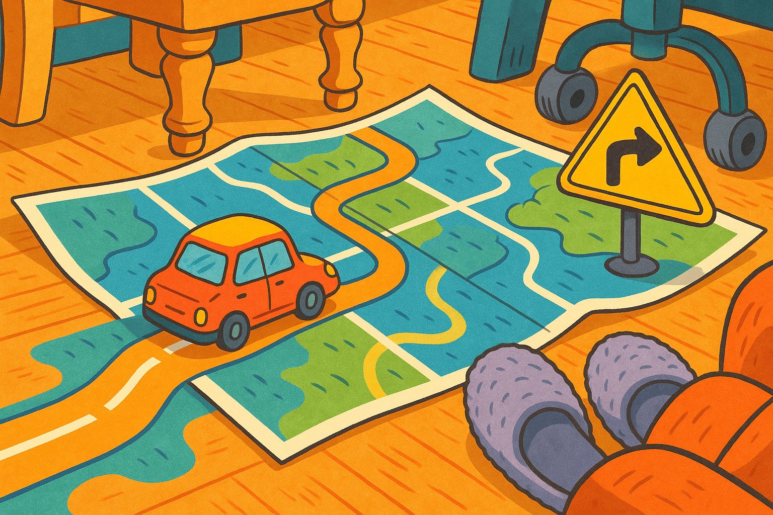 Whimsical toy car on a cartoon map with road sign and slippers nearby in a cozy living room
