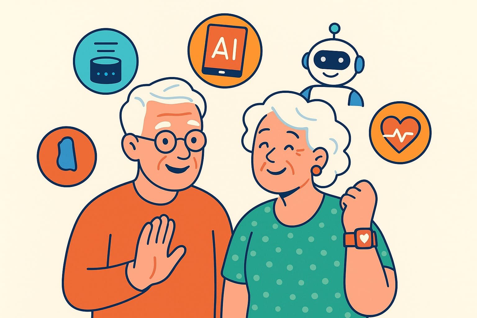 retirees-using-ai-illustration-16-9 Digital illustration of retirees surrounded by AI icons like smart speakers, tablets, robots, and wearables