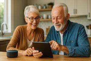 Smiling retired couple using a tablet with a voice assistant device in a modern smart home setting