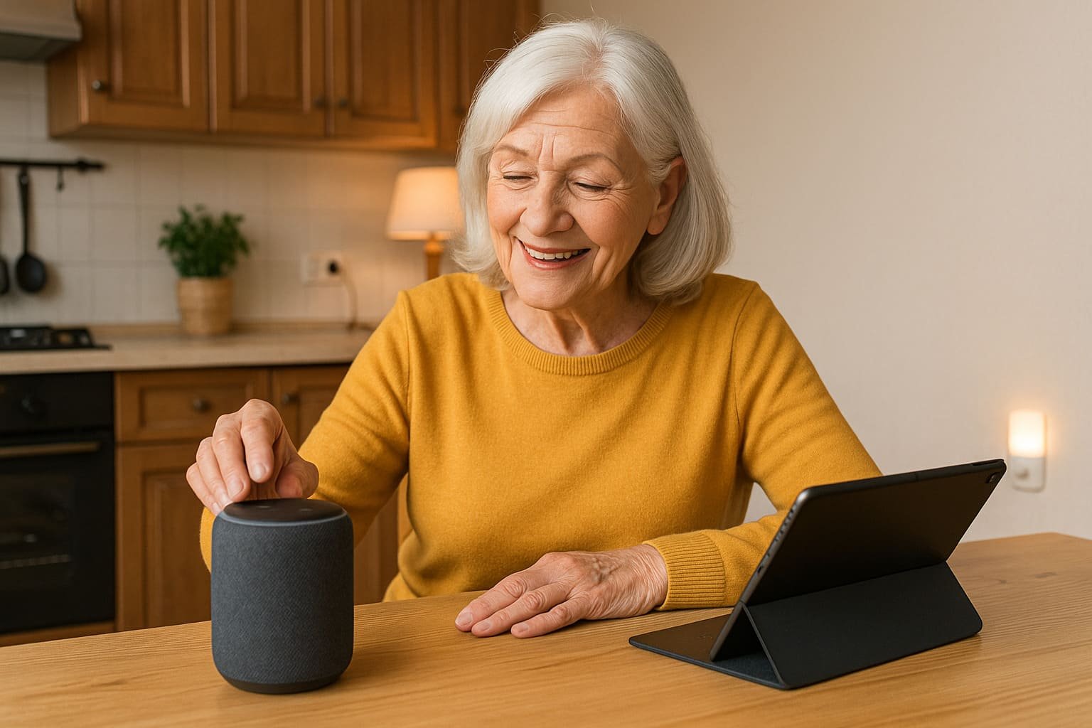 Older woman smiling while setting up a budget-friendly smart speaker on a living room table.