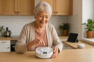 Older woman smiling as she sets up a smart pill dispenser on her kitchen counter.