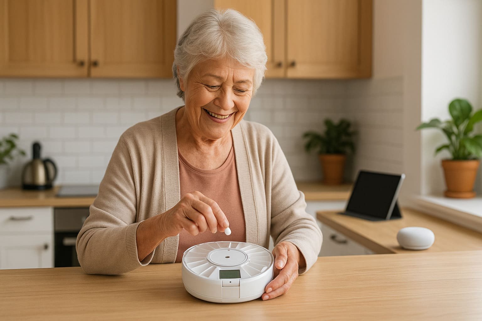 Older woman smiling as she sets up a smart pill dispenser on her kitchen counter.