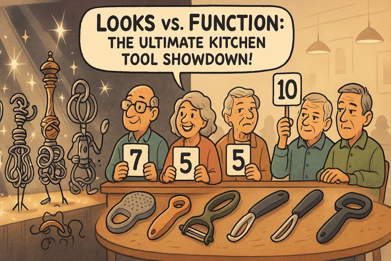 Panel of senior judges rating kitchen tools, giving high scores to simple arthritis friendly designs over fancy gadgets