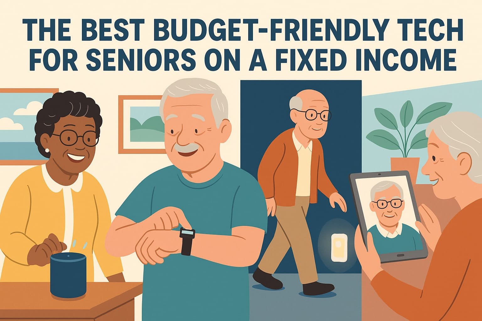 Hand-drawn illustration of seniors using affordable tech devices like a smart speaker, fitness tracker, tablet, and nightlight at home.