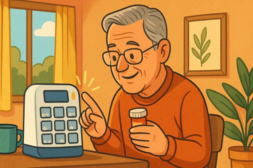 Hand-drawn illustration showing seniors using various tech upgrades like fitness trackers, tablets, and smart pill dispensers at home.