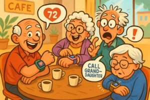 Cartoon of four seniors at a café using smartwatches with exaggerated expressions, speech bubbles, and playful smartwatch features