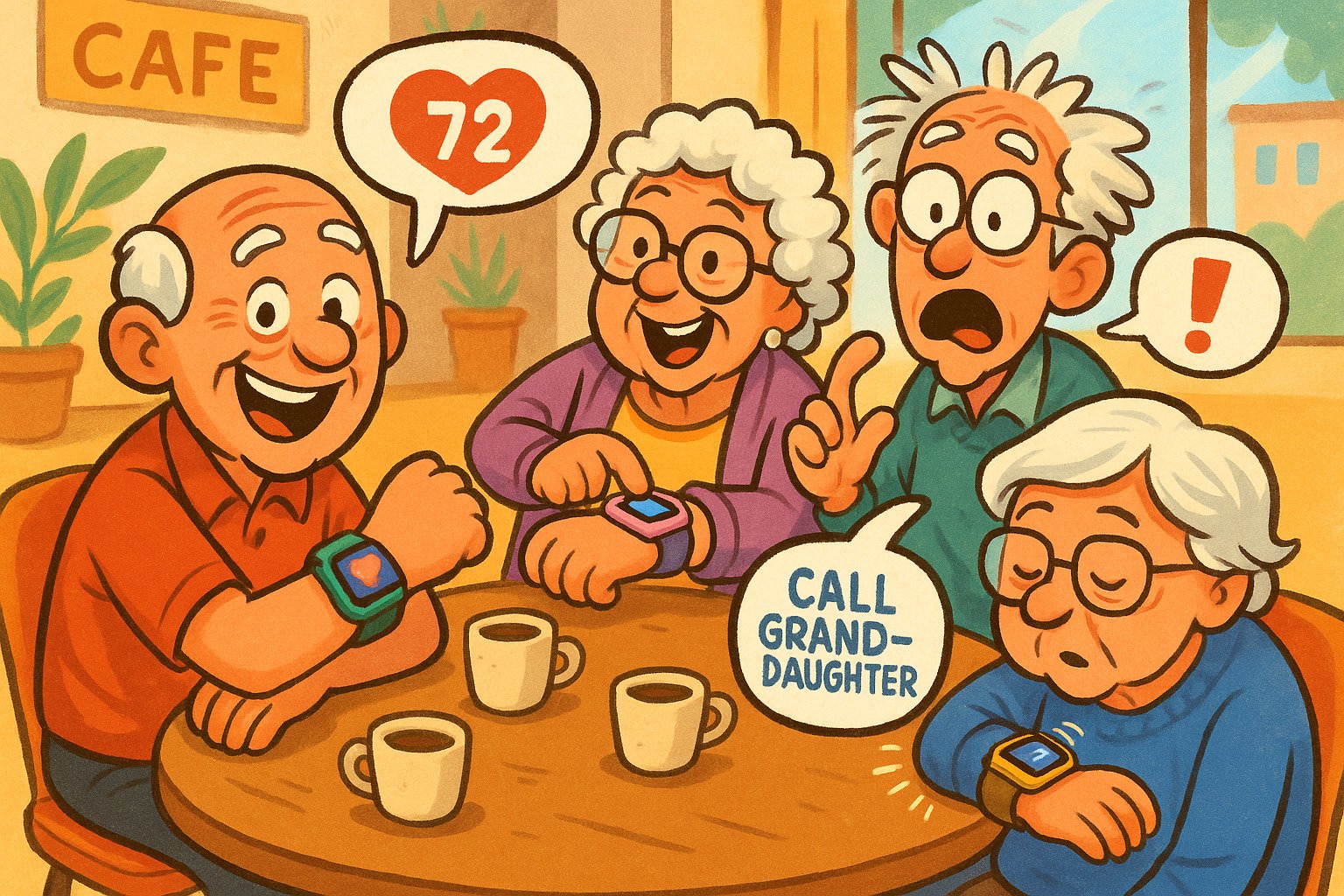 Cartoon of four seniors at a café using smartwatches with exaggerated expressions, speech bubbles, and playful smartwatch features