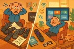 Senior man's TV transformation from 8 confusing remotes and cable chaos to simple streaming device setup with one remote