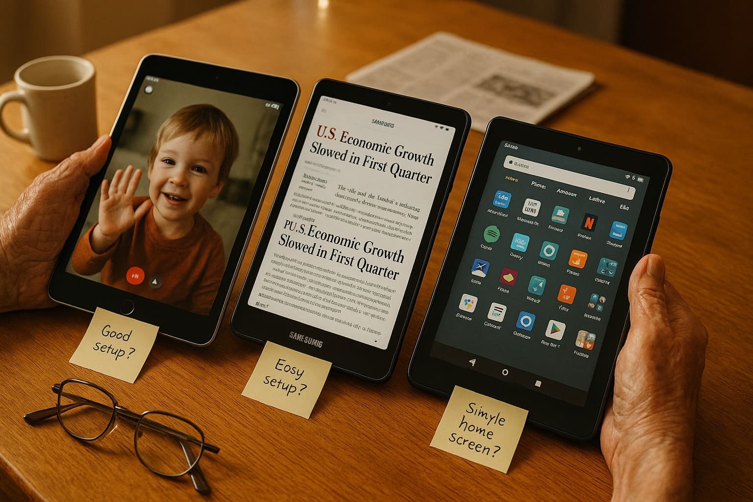 Senior hands holding three different tablets side by side for comparison - iPad, Samsung Galaxy Tab, and Amazon Fire - with handwritten notes on wooden table