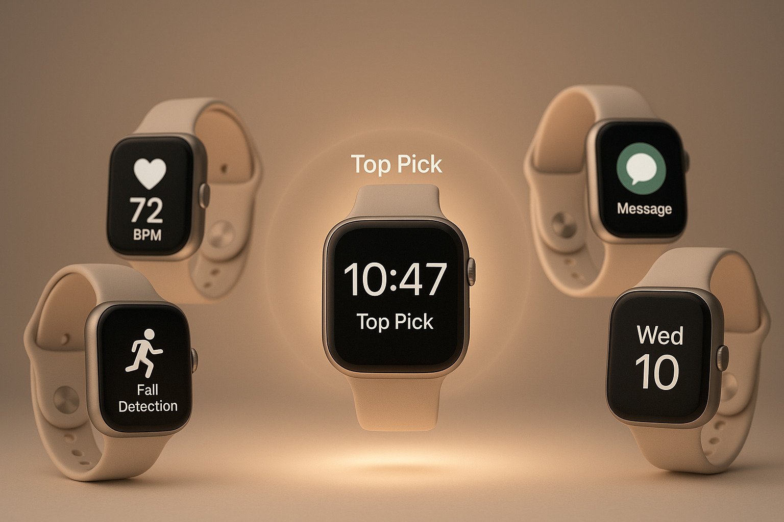 3D render of top smartwatches for seniors with one highlighted as the top pick, floating over a glowing surface