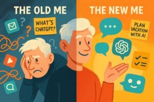 Split illustration of a senior before and after learning AI, showing confusion on one side and confidence with tools on the other