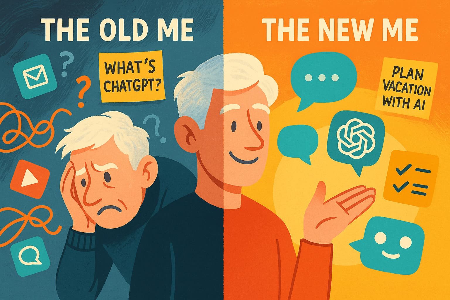 Split illustration of a senior before and after learning AI, showing confusion on one side and confidence with tools on the other