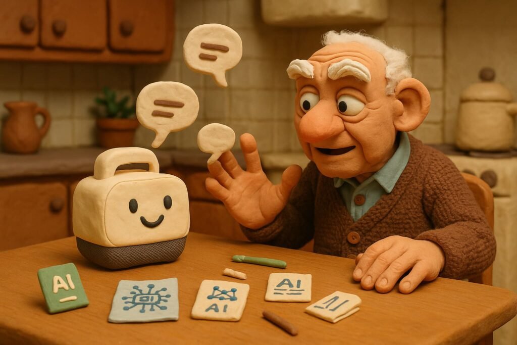 Crocheted grandpa holding “The New Me” mug, sitting with smiling AI and tablet characters in a cozy yarn living room
