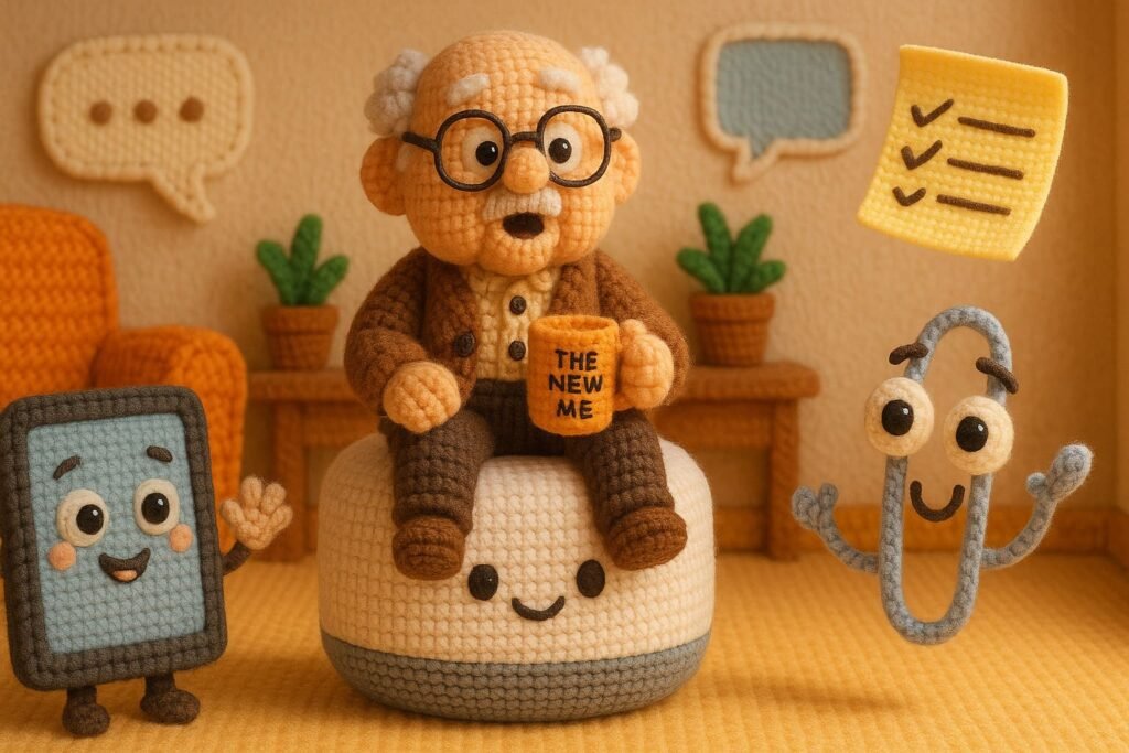 Crocheted grandpa holding “The New Me” mug, sitting with smiling AI and tablet characters in a cozy yarn living room