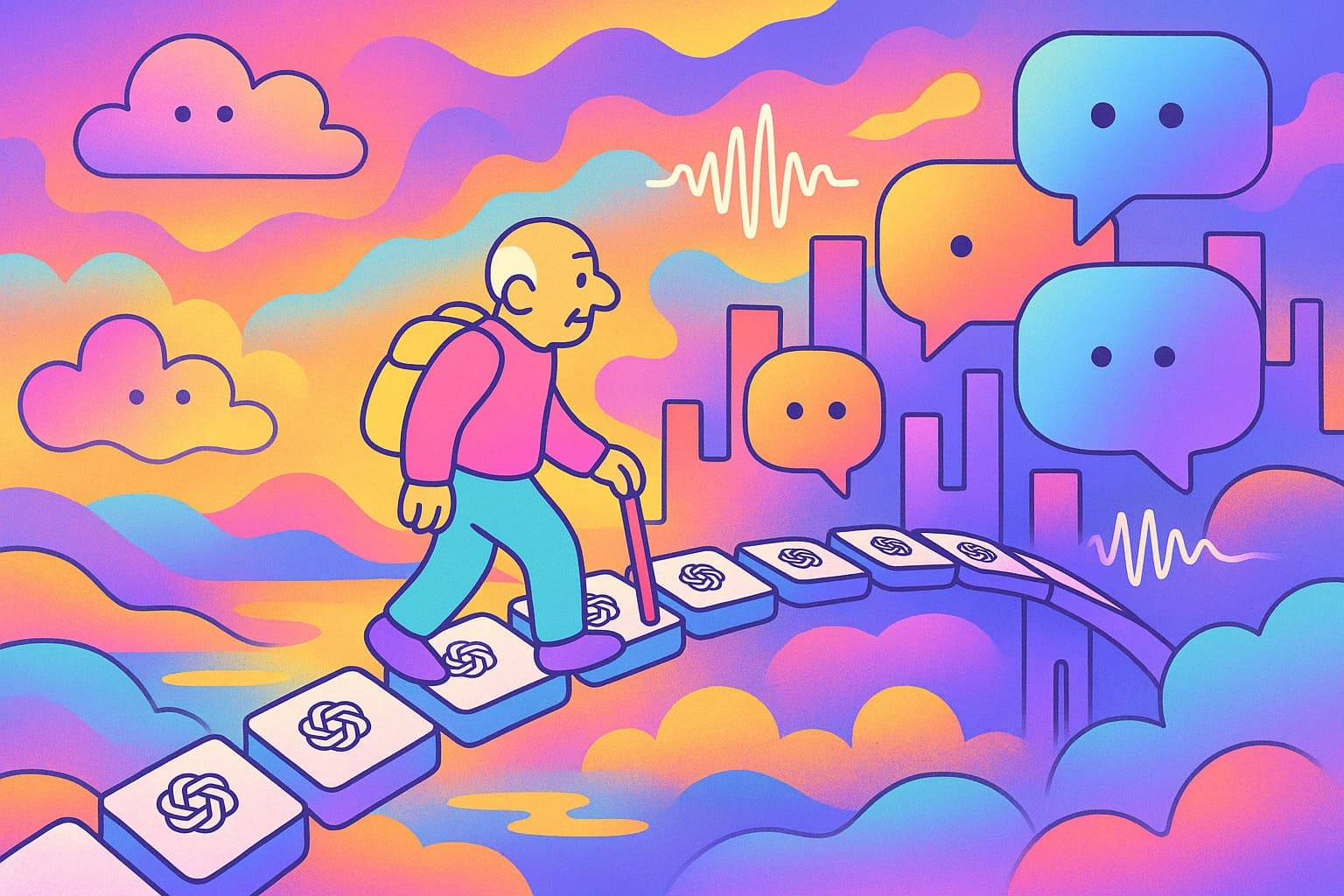 Abstract senior crossing a rainbow bridge made of AI icons toward a glowing futuristic city of speech bubbles