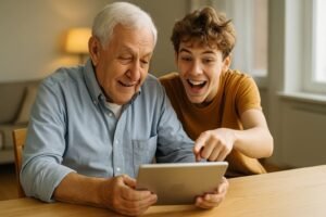 Elderly man and teenage grandson sitting together at a table, smiling while using a tablet.