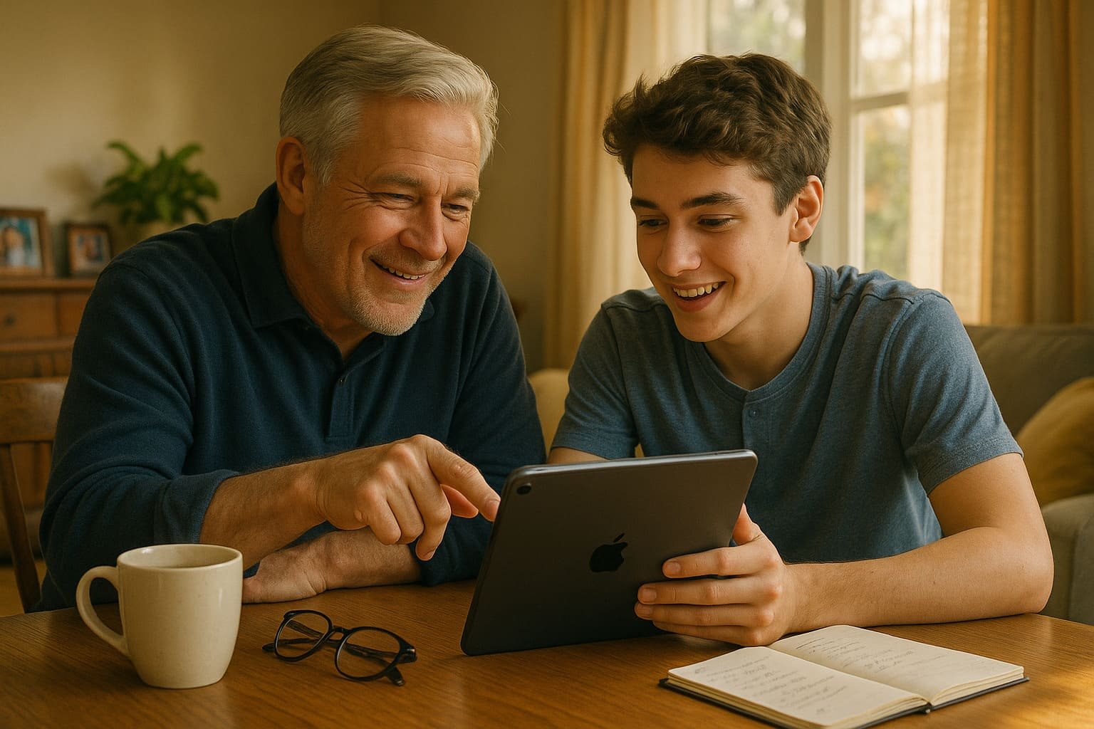 Senior man and teenage grandson smiling while looking at tablet together at kitchen table, learning about artificial intelligence for seniors in warm home setting