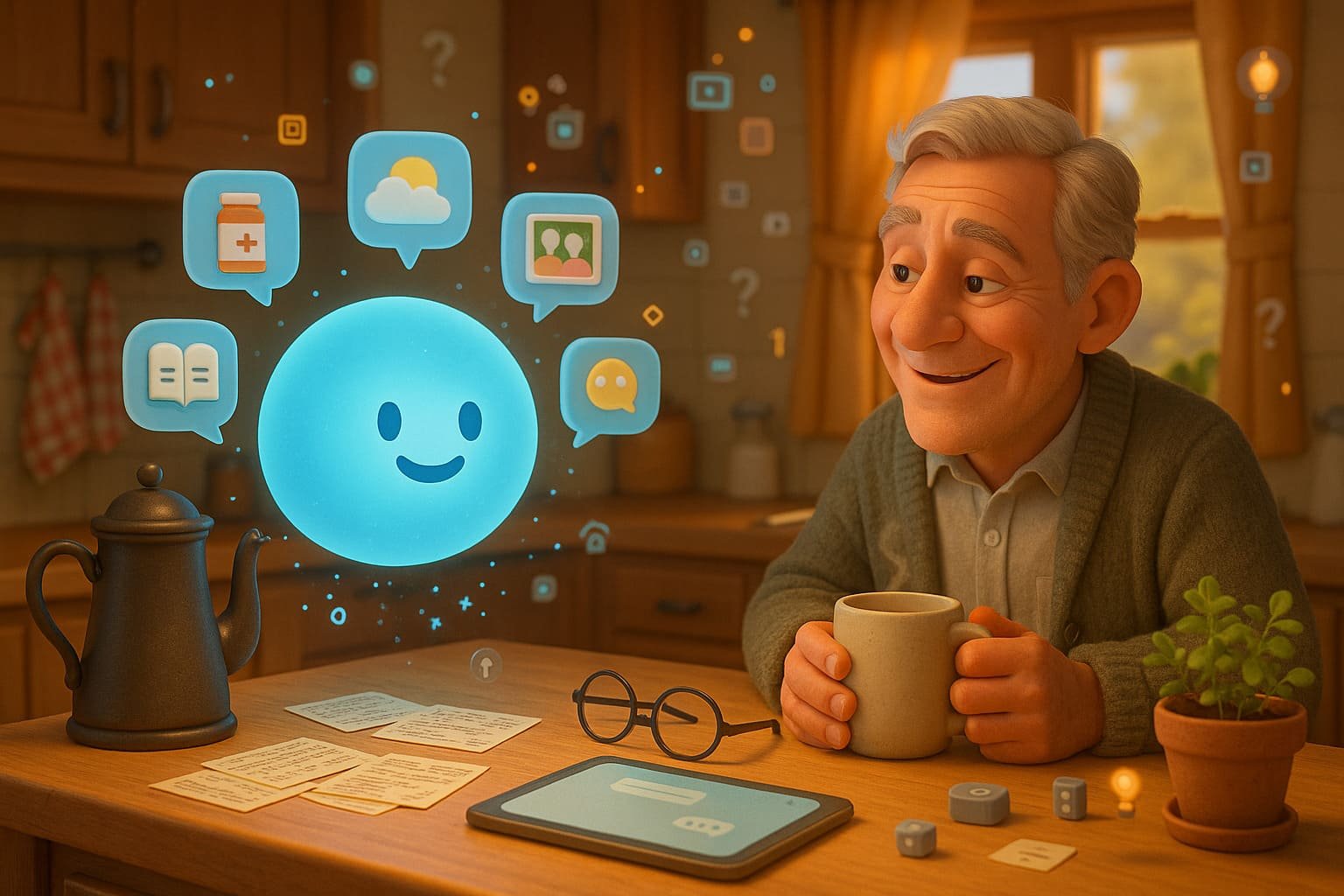 3D illustration of senior man in cozy kitchen with friendly AI assistant represented as glowing blue orb with helpful icons for health, weather, and family connections