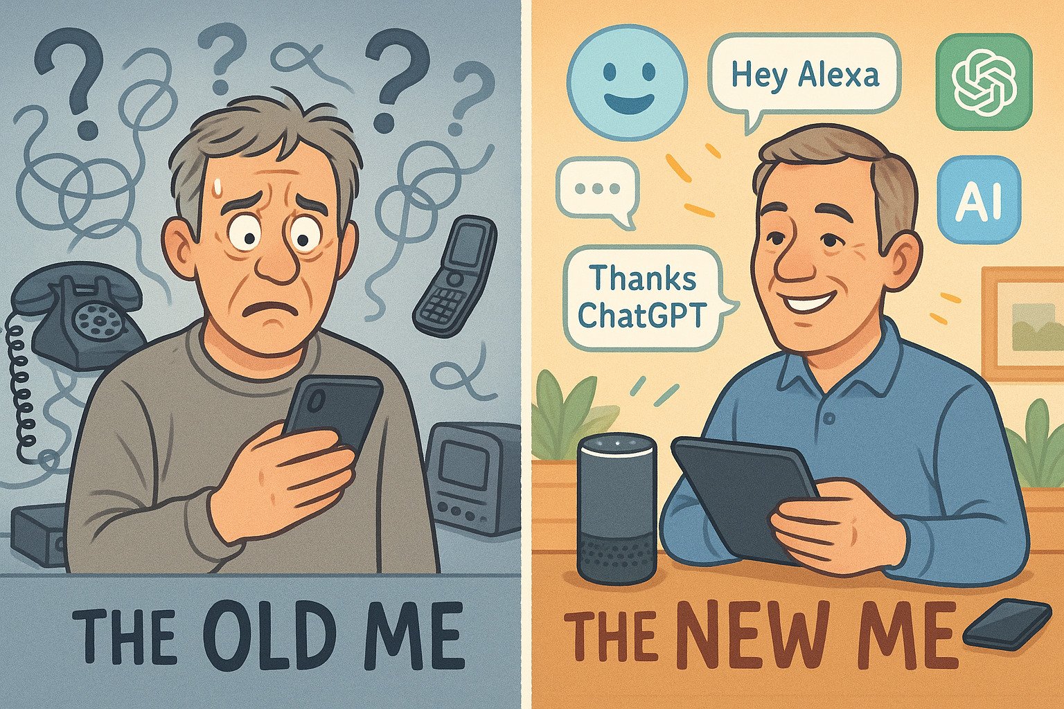Split illustration showing senior man confused by technology on left, confidently using AI tools like Alexa and ChatGPT on right, demonstrating artificial intelligence transformation for seniors